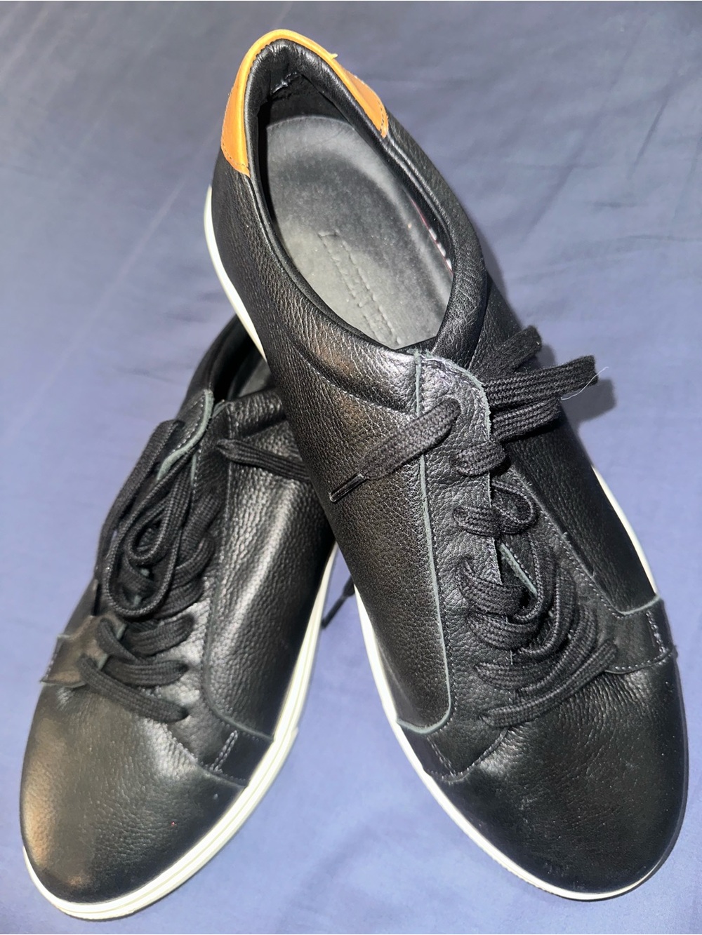 Men's Black Leather Low-Top Sneakers with Tan Heel Accent by Allen Edmonds Sz 11